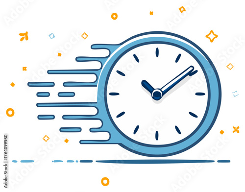 Vector illustration of a fast flying clock representing the concept of time passing quickly and deadlines