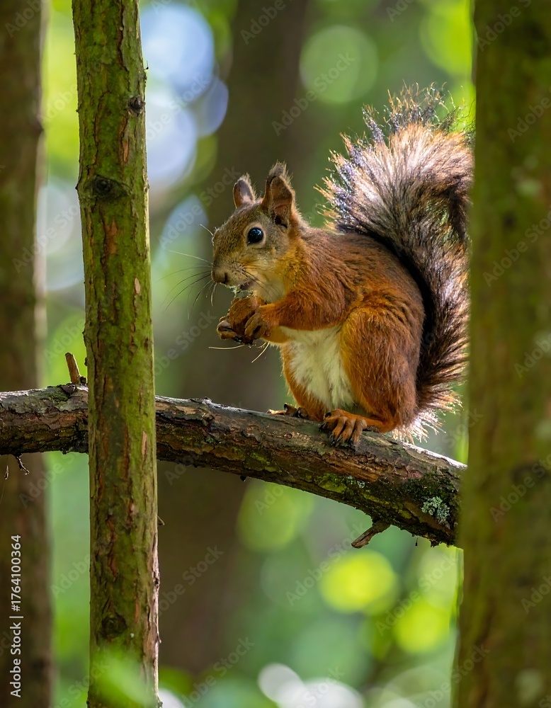 Fototapeta premium A furry squirrel, eating on a branch, is seen in nature's glow