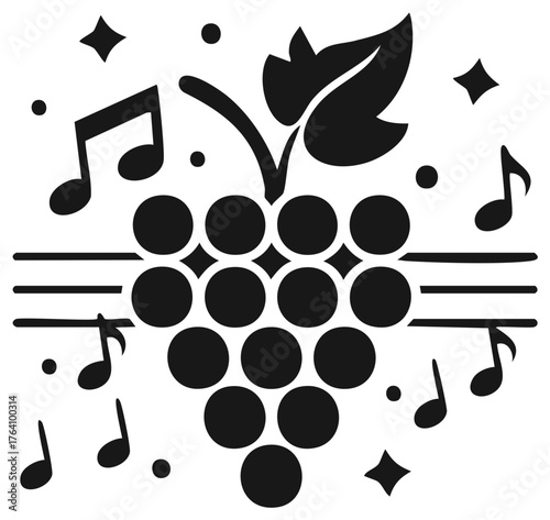 Grape cluster adorned with musical notes and sparkling stars on staff lines celebrating harmony