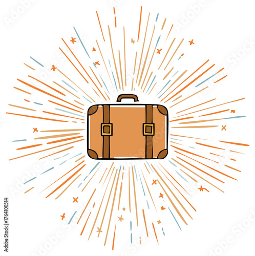 Retro suitcase with radiating lines and small starbursts evokes travel adventure and excitement
