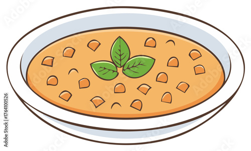 Cartoon bowl of creamy orange soup with croutons and fresh basil garnish