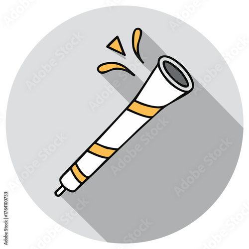 Colorful cartoon party horn blower making noise icon with long shadow. Festive noisemaker illustration for a celebration.