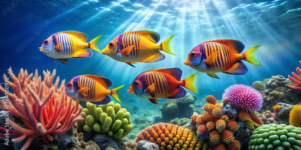 Fototapeta premium Vibrant Reef Scene Featuring a School of Colorful Fish Swimming Amongst Lush Coral