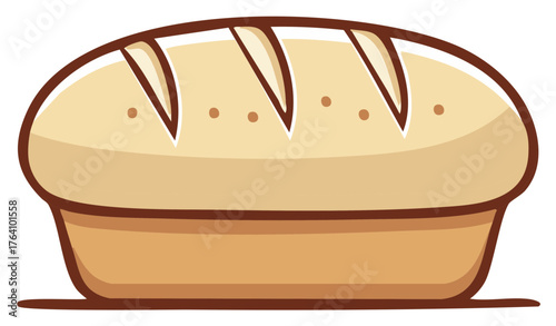 Illustration of baked bread loaf with decorative scored top and bread pan, food concept