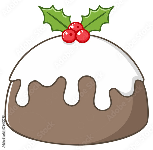 Festive Christmas pudding with sweet white icing and red holly berries holiday dessert illustration