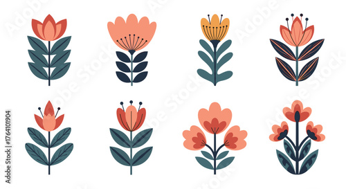 Stylized floral illustrations featuring various flower designs and leaf arrangements.