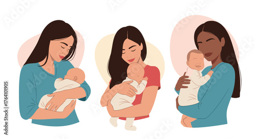 Three diverse mothers tenderly holding their newborn babies with love.