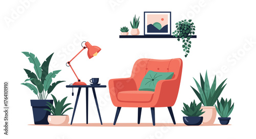 Cozy Interior with Armchair, Plants, and Decor.