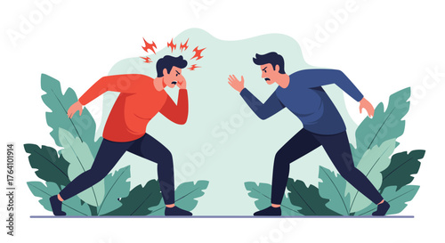 Two Men Arguing Face to Face with Angry Expressions.