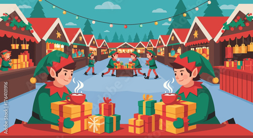 Festive Christmas Elves with Gifts and Hot Drinks.