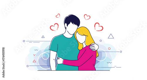 Romantic vector illustration of a young couple embracing lovingly.