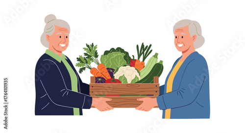 Two elderly women sharing a box of fresh vegetables.