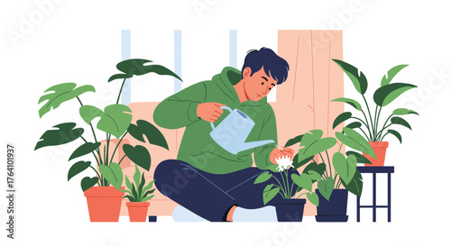 Man tending to indoor plants with watering can, focused on plant care.