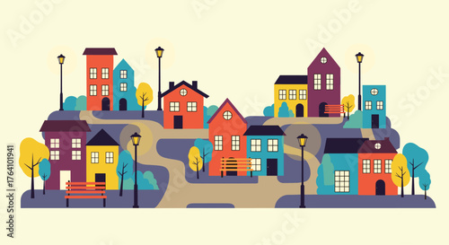 Colorful cartoon houses on a hill with trees and streetlights.