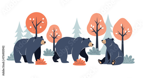 Three illustrated black bears walking and sitting together in a group.