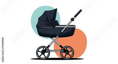 Modern Dark Blue Baby Stroller with Silver Frame and Black Wheels.