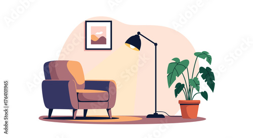 Cozy armchair with floor lamp and potted plant.