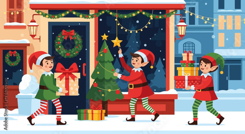 Festive Christmas Elves Decorating and Delivering Gifts.
