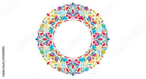 Colorful floral wreath design with intricate patterns and vibrant hues creating a circular frame.