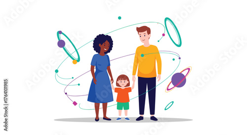 Family portrait of three people standing together, smiling and happy.