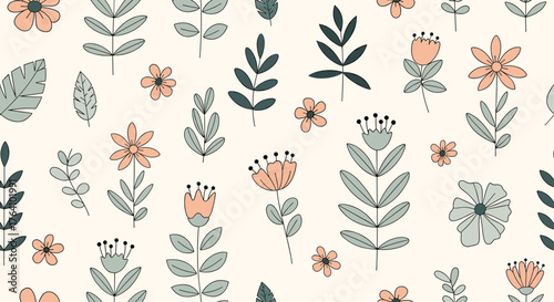 Seamless pattern with hand drawn stylized folk art flowers and leaves.