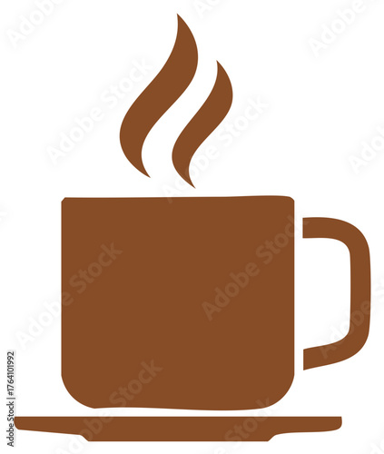 Simple brown coffee mug with steam rising on a saucer minimalist design