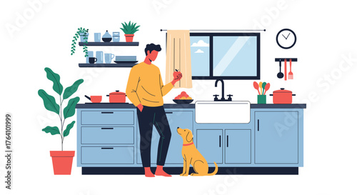 Man and Dog in Kitchen - Cooking and Companionship.