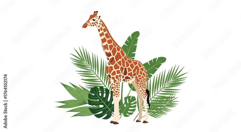 Obraz premium Graceful giraffe illustration standing among tropical jungle leaves.