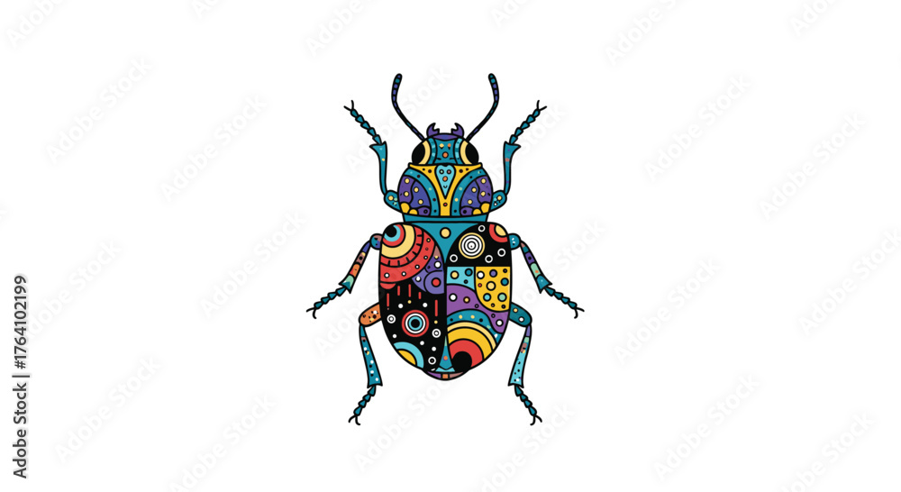 Fototapeta premium Colorful insect illustration with intricate patterns and details on white background.