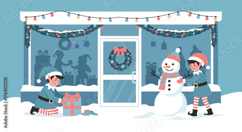 Festive Christmas Scene with Elves and Snowman.