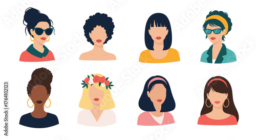Diverse Group of Women Portraits Featuring Various Hairstyles and Accessories.