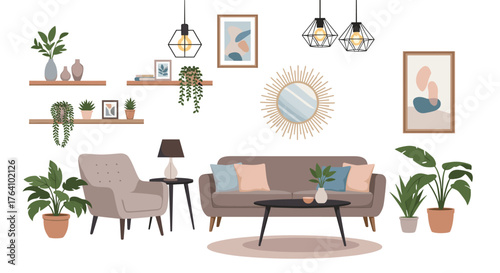 Cozy living room interior furniture and decor set isolated.