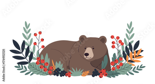 A cute brown bear resting peacefully among forest plants and berries.