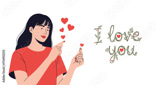 Young woman applying lipstick with hearts floating around her.