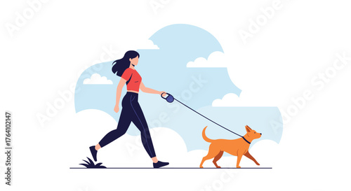 Woman walking dog on leash enjoying outdoor activity in park.