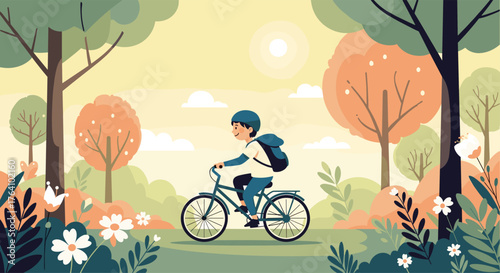 Young boy with backpack riding bicycle in nature.