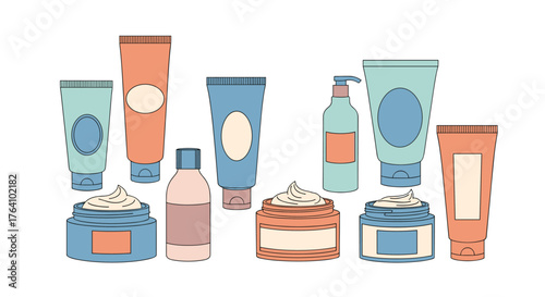 Assorted Skincare Products in Tubes and Jars Illustration.