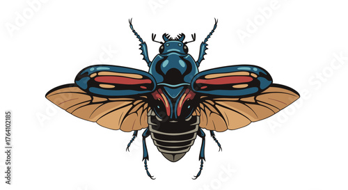 Detailed illustration of a vibrant beetle with open wings showcasing intricate patterns.