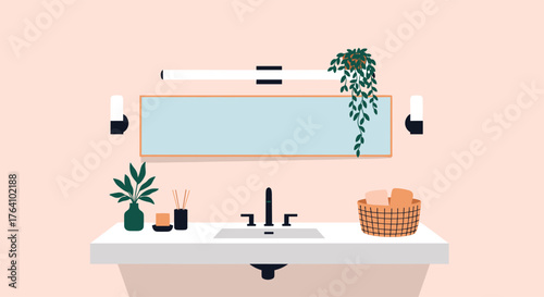 Bathroom Vanity with Mirror, Sink, and Decor.