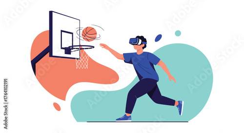 Young man playing virtual reality basketball game with VR headset.