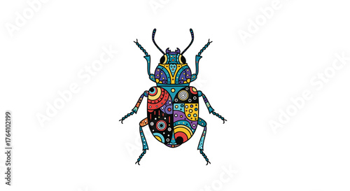 Colorful insect illustration with intricate patterns and details on white background.