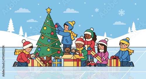 Children Decorating Christmas Tree and Opening Presents Together.