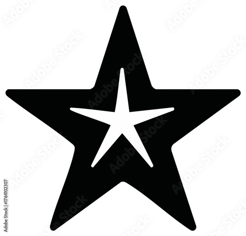 Five Point Star Icon in Black Silhouette with White Star in Center Shape Symbol Vector