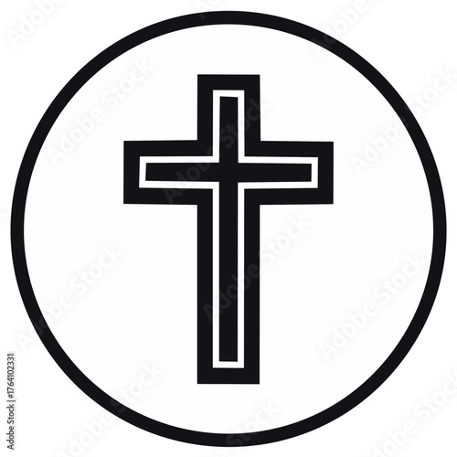 Simple Black Christian Cross Symbol with Double Outline inside a Circle