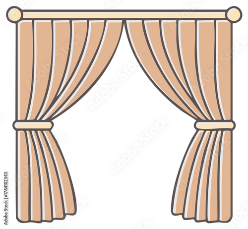 Simple vector illustration of open beige curtains with stripes and tie backs hanging from a curtain rod