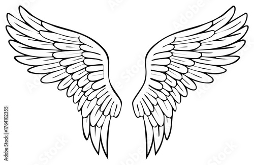 Stylized spread angel wings with detailed feathers black and white line art illustration