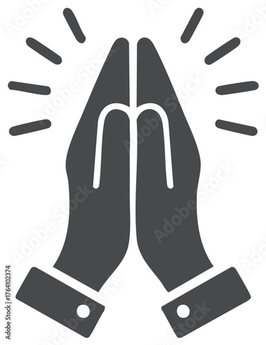 Praying hands in gray silhouette depict faith, gratitude, or hope; a simple graphic shows reverence, spirituality, or positive vibes.