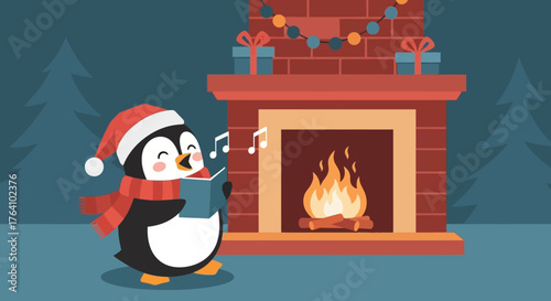 Festive Penguin Singing Carols Near Fireplace.