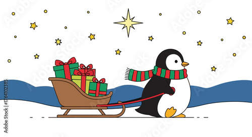Penguin Pulling Sleigh with Christmas Gifts Festive Scene.