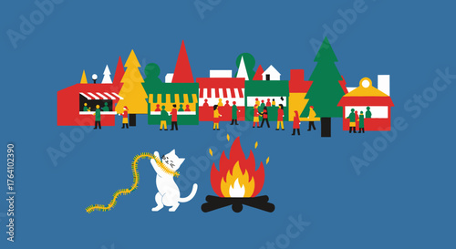 Whimsical White Cat with Festive Garland and Fire.